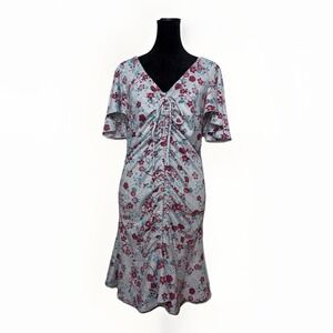 Women's Disney Princess Grey Floral V-Neck Short Sleeve Ruched Dress Size Large